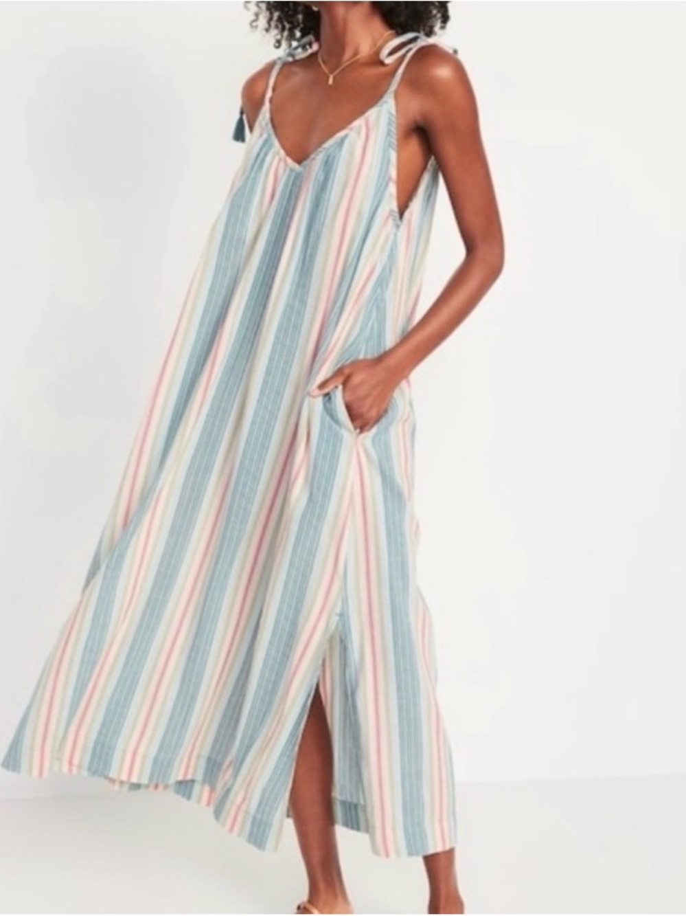 Striped Tie-Shoulder Maxi Dress in Blue and Pink